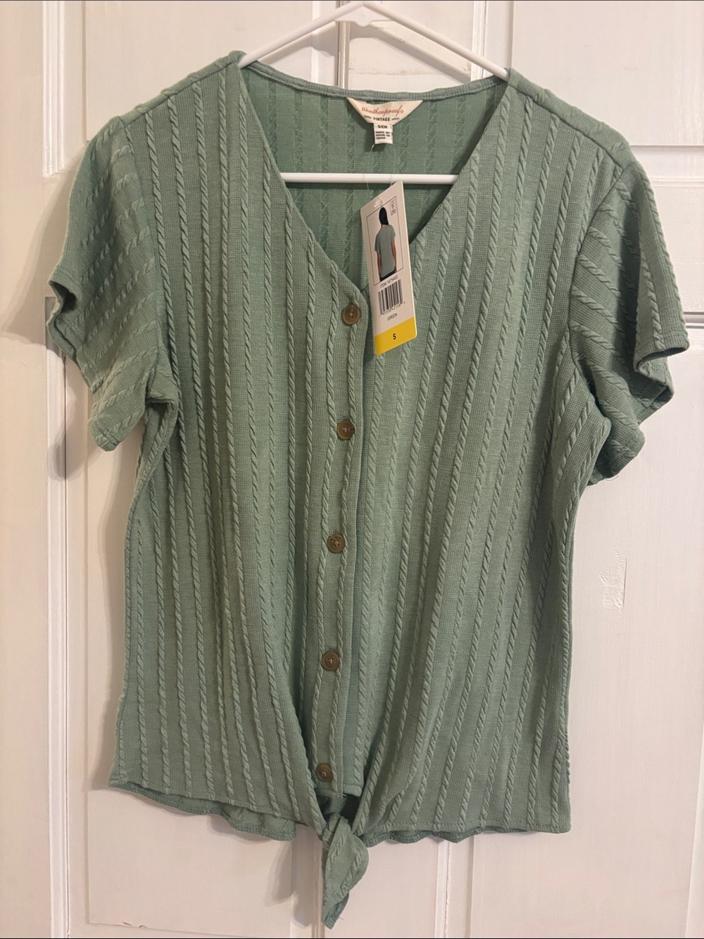 Weatherproof Sage Green Short-Sleeve Button-Front Tie Hem Top